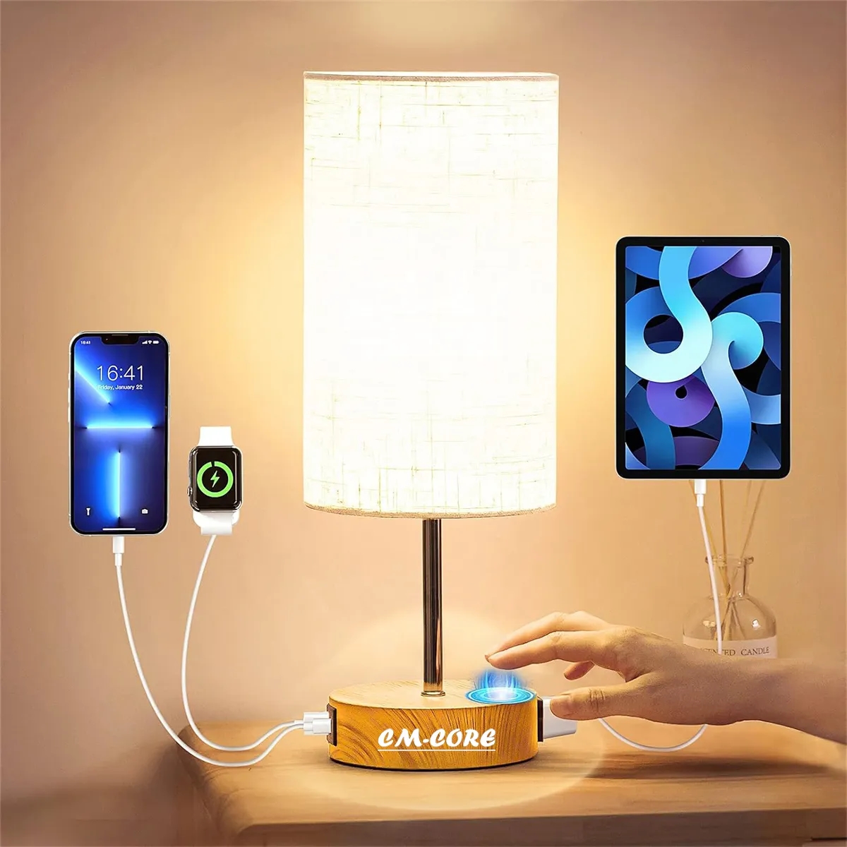 Linen Fabric Shade Bedside Touch Control Table Lamp 2