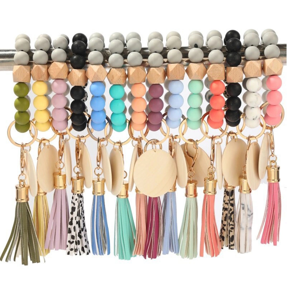 Silicone Beads Wood Chip Bracelet Keychain 5