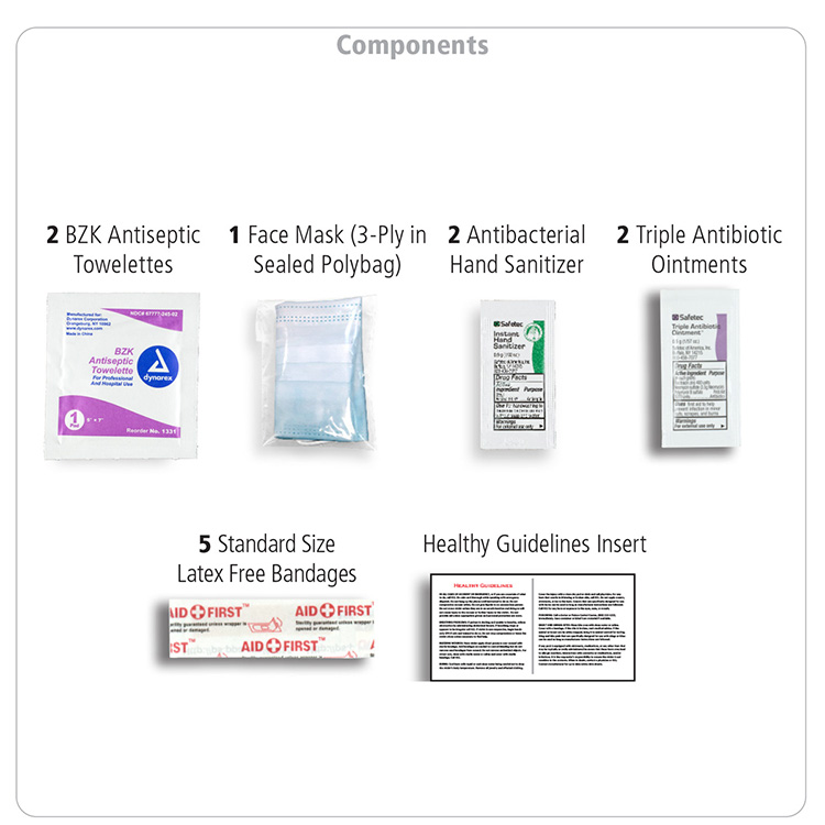 Bixby Plus San" 13 Piece Mask & Sanitizing Safety Kit inserted into Zipper Pack 35