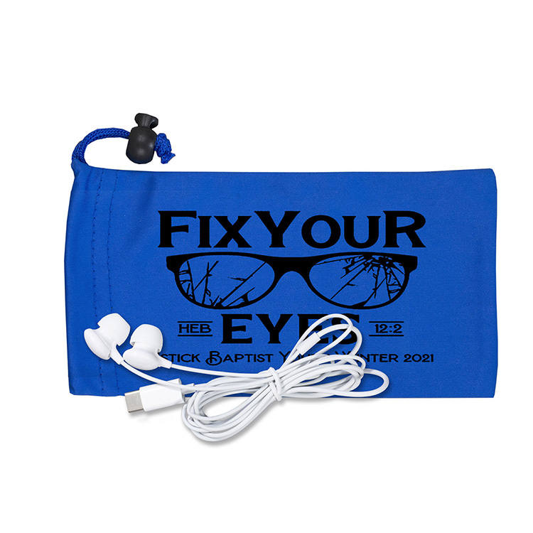 Mobile Tech Earbud Kit in Microfiber Cinch Pouch Components inserted into Microfiber Pouch 8