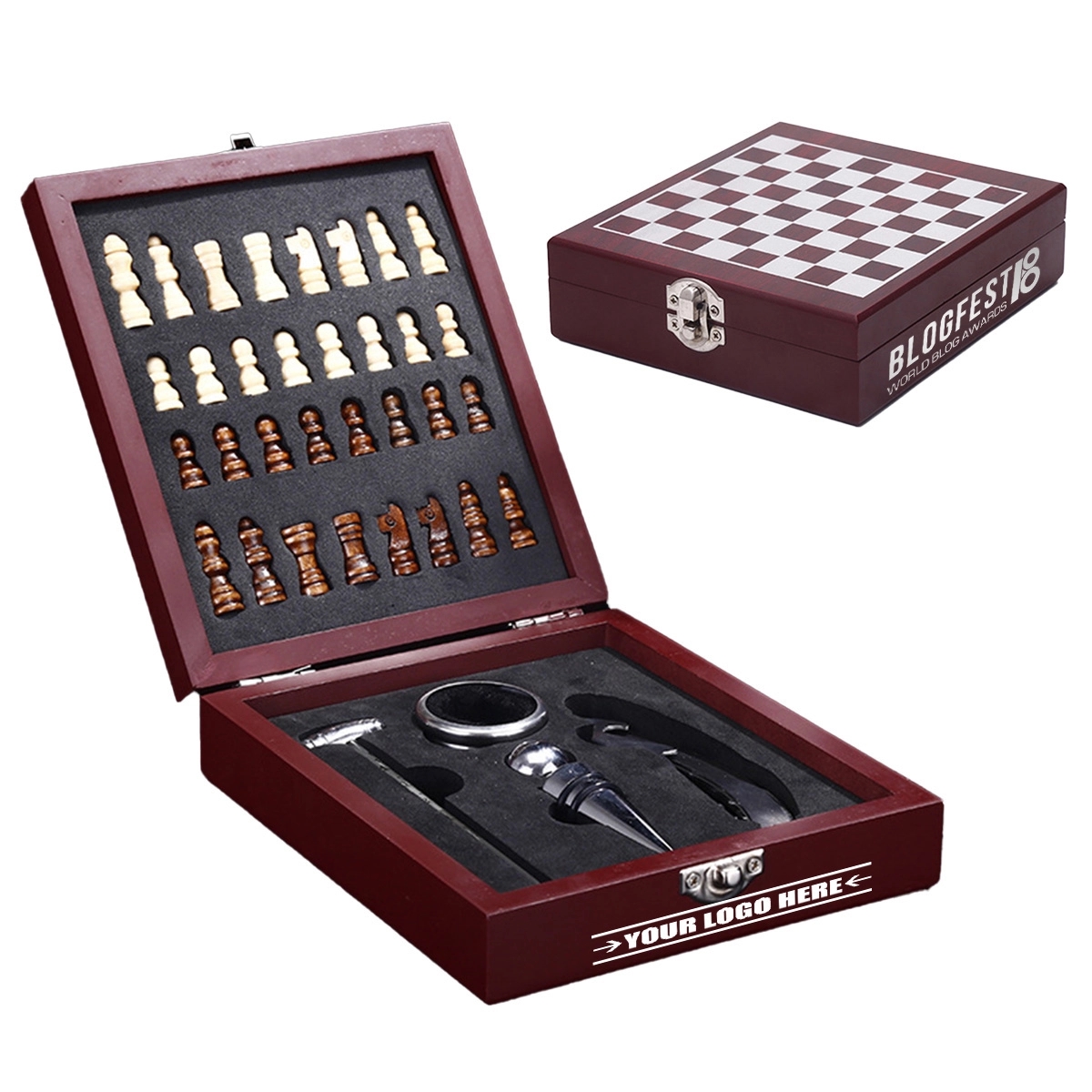 Custom Wooden Box Wine Accessories With Chess Set 1