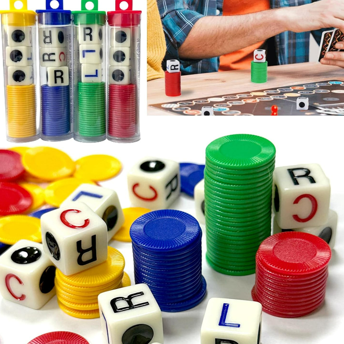 LCR Dice Game Set with Color Chips in Clear Storage Tube 1