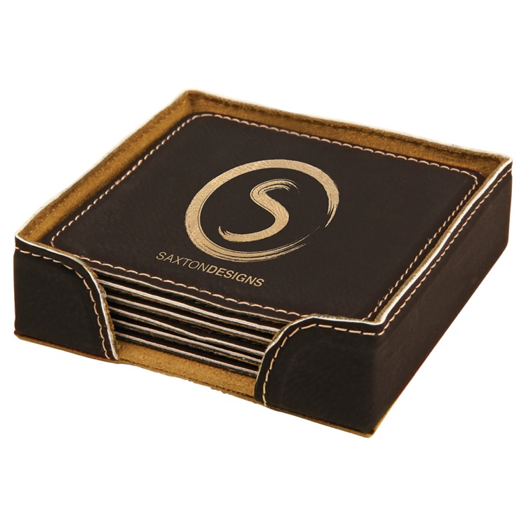 4" x 4" Black/Gold Square Leatherette 6-Coaster Set 2