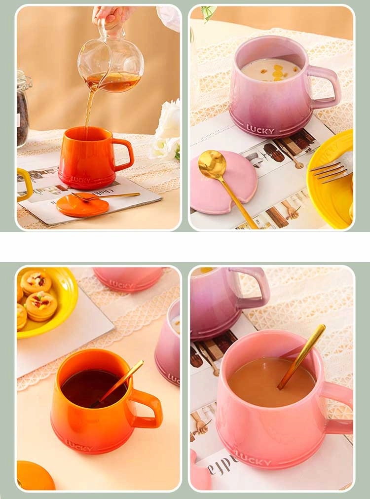 12OZ Colorful Ceramic Mug Cup and Saucer Set with Lid Spoon 14