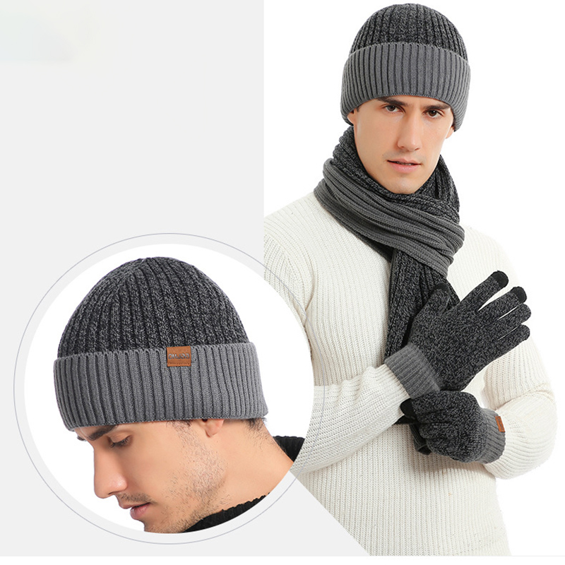 Unisex Winter Knitted Beanie Hat Scarf Touchscreen Gloves Set 18