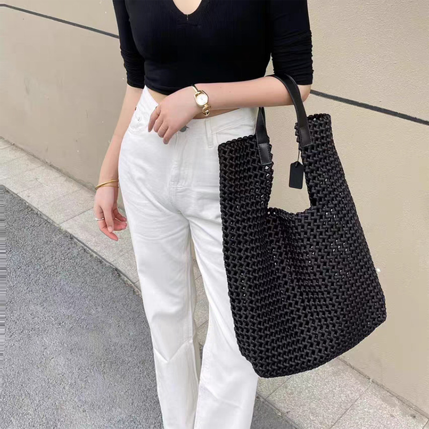Nylon Vintage handmade large capacity openwork woven bag 7