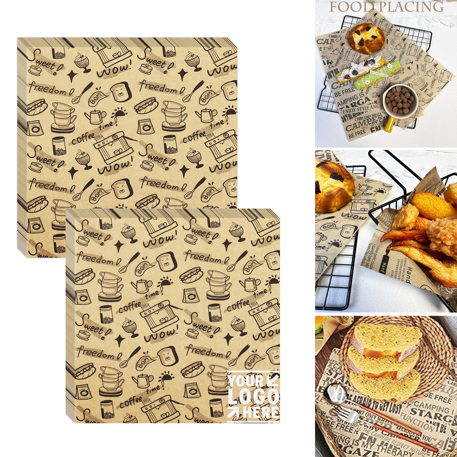 10"x10" Coffee Theme Hamburger Sandwich Basket Liner Grease Resistant Food Wrapper Paper Sheet 2