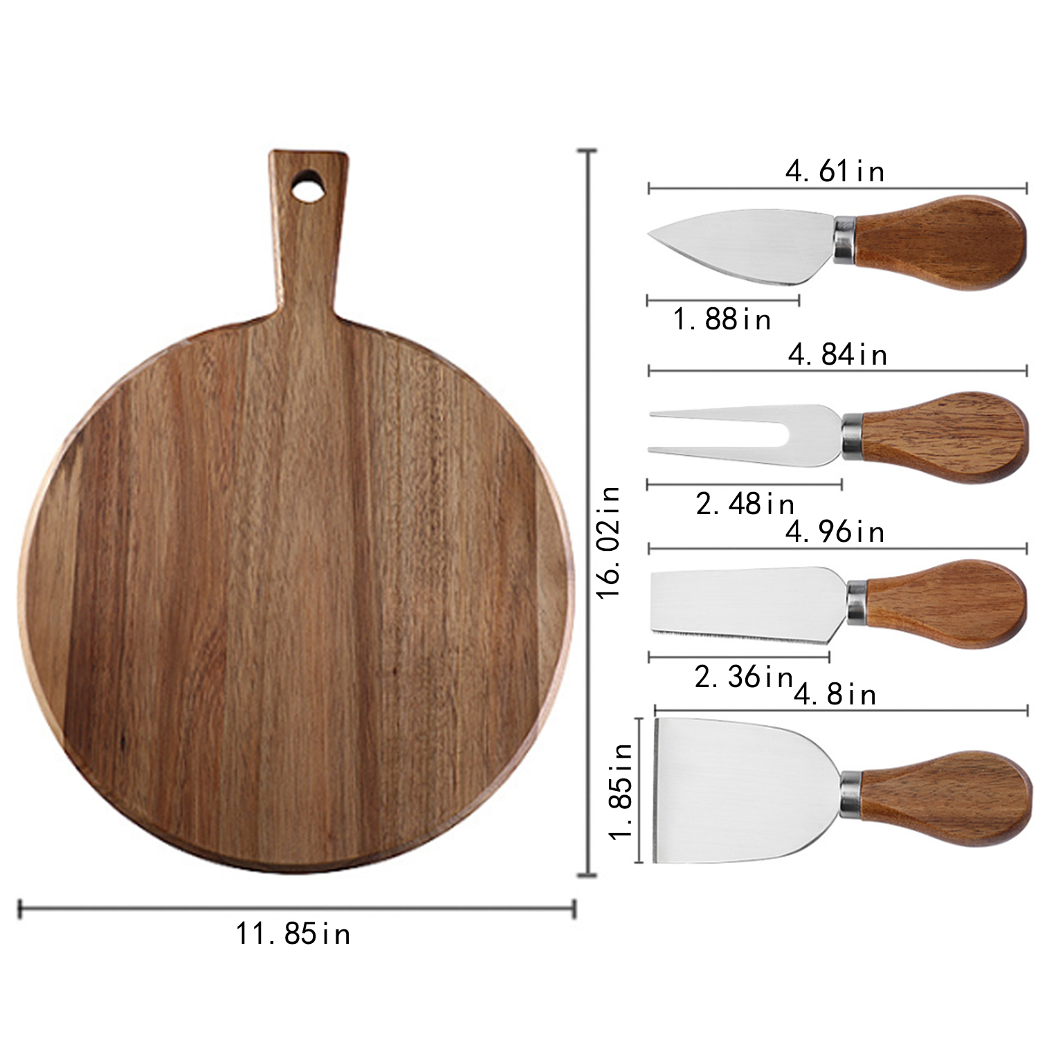 Wood Round Cheese Board Set W/ 4 Stainless Steel Knives 5