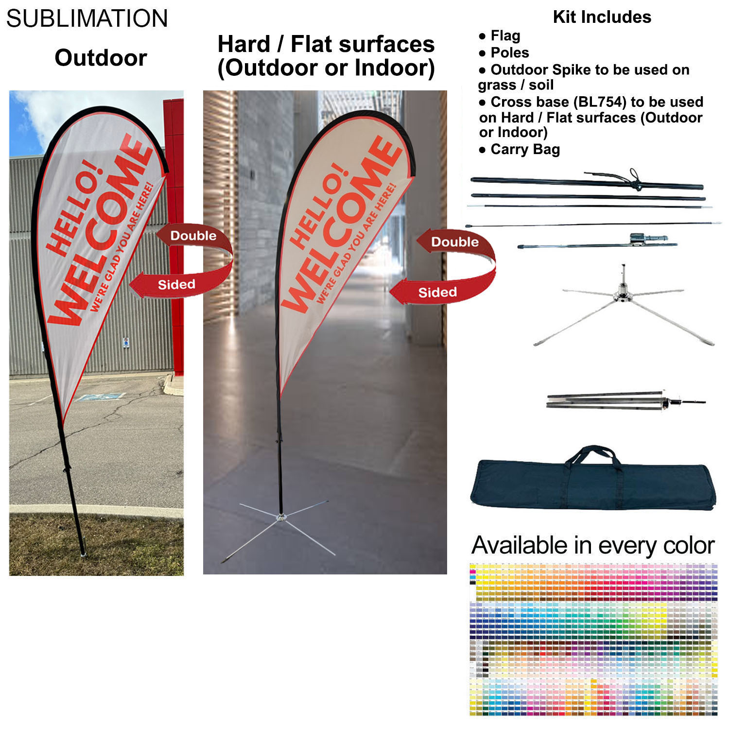 9' Small Tear Drop Flag Kit, Full Color Graphics Double Sided, Outdoor Spike base, Indoor Cross Base 7