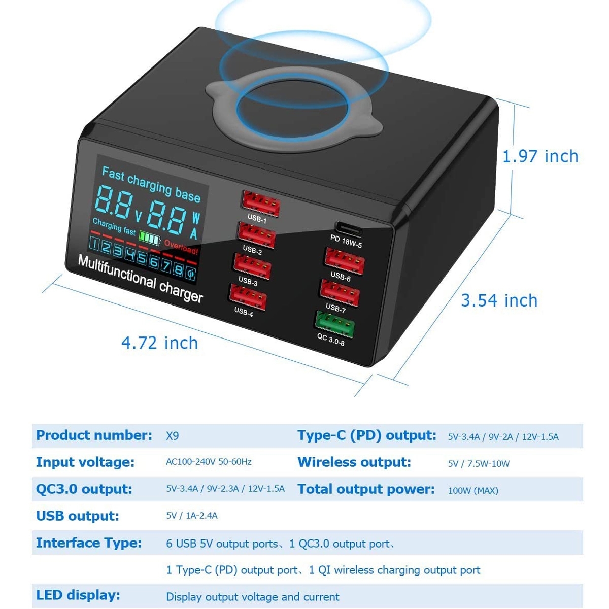 Qc 3.0 100W 8-Port Multi-Function Fast Wireless Charger 3