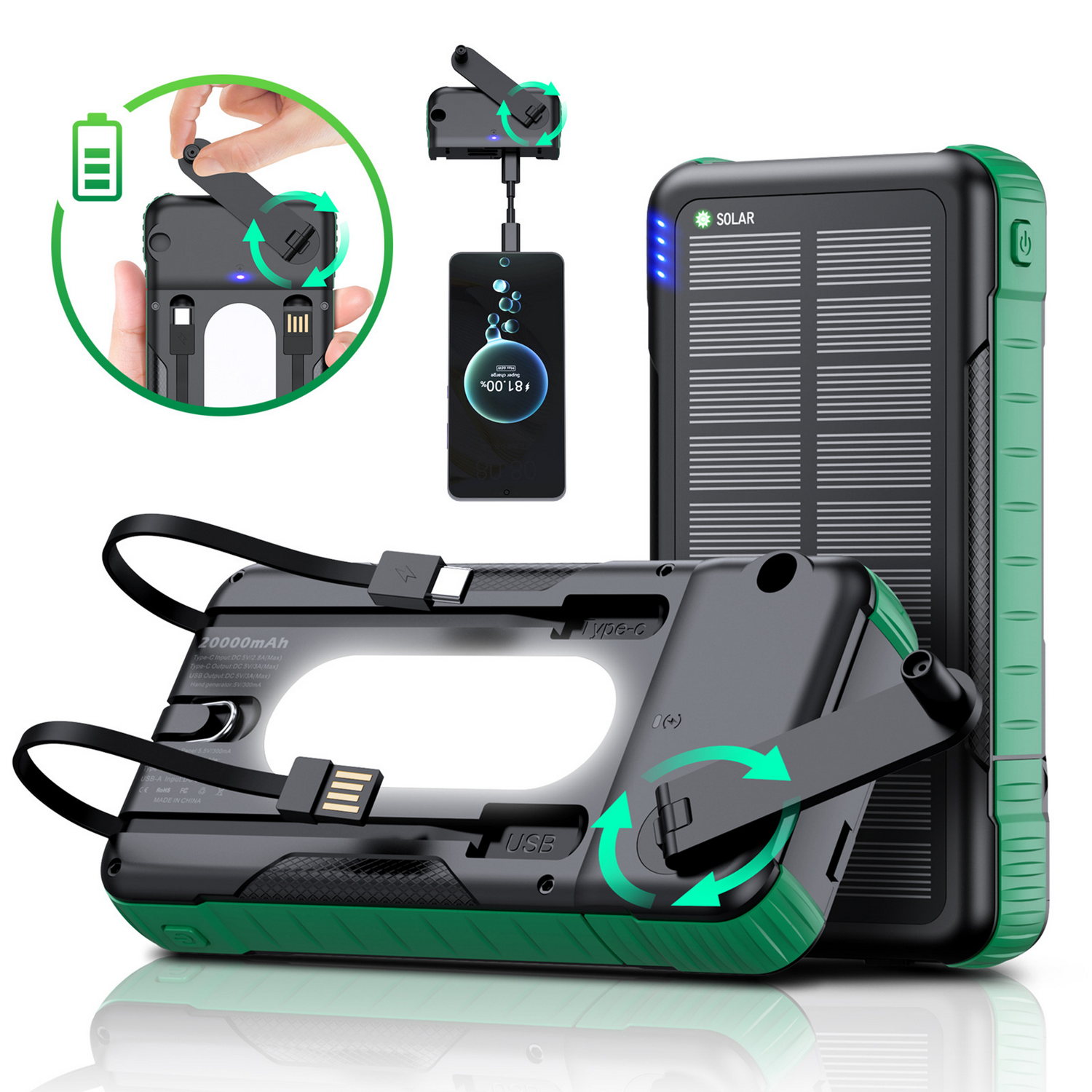 10000mAh Detachable Hand Crank Solar Charger 3