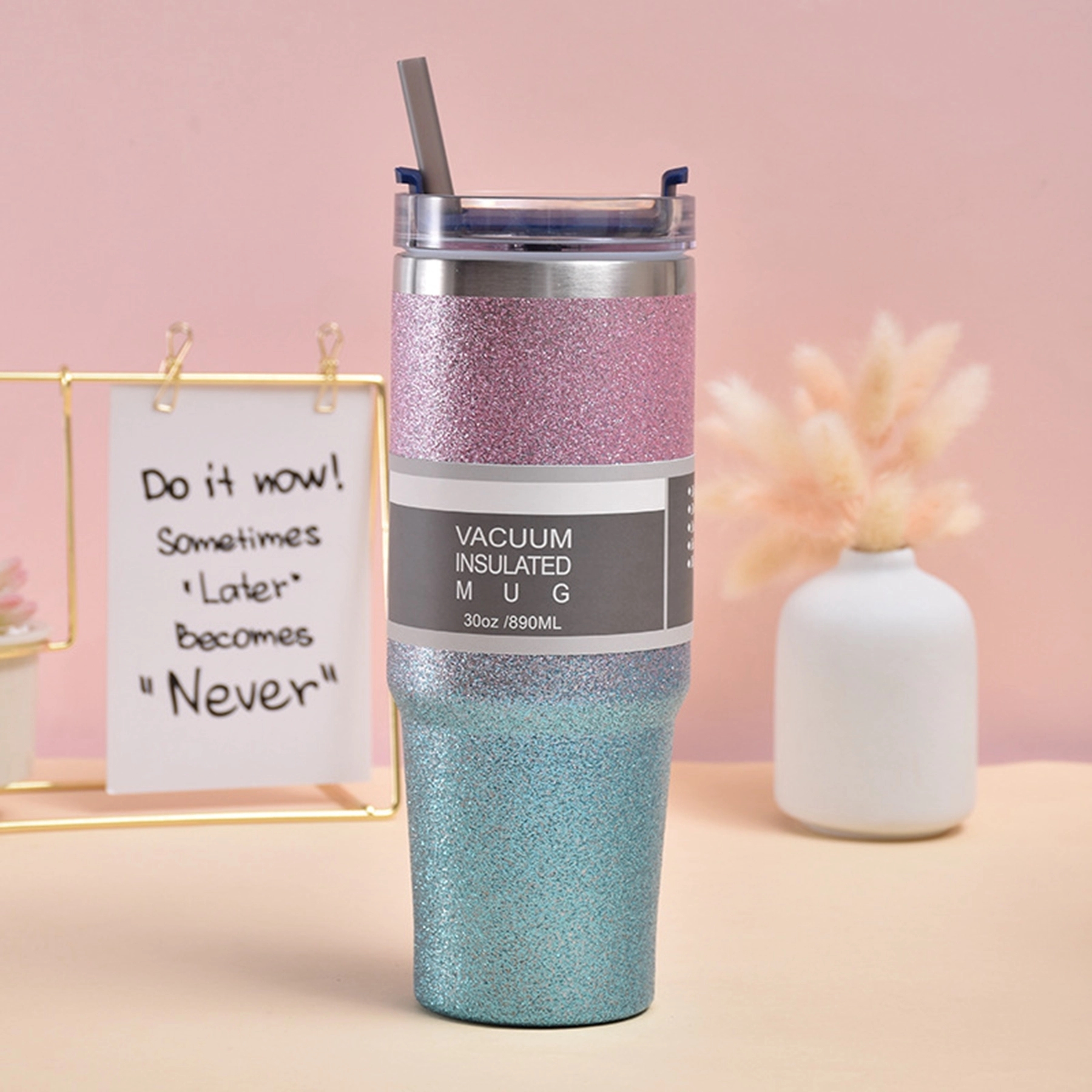 30oz Double Wall Glitter Coffee Tumbler with Straw & Lid 10