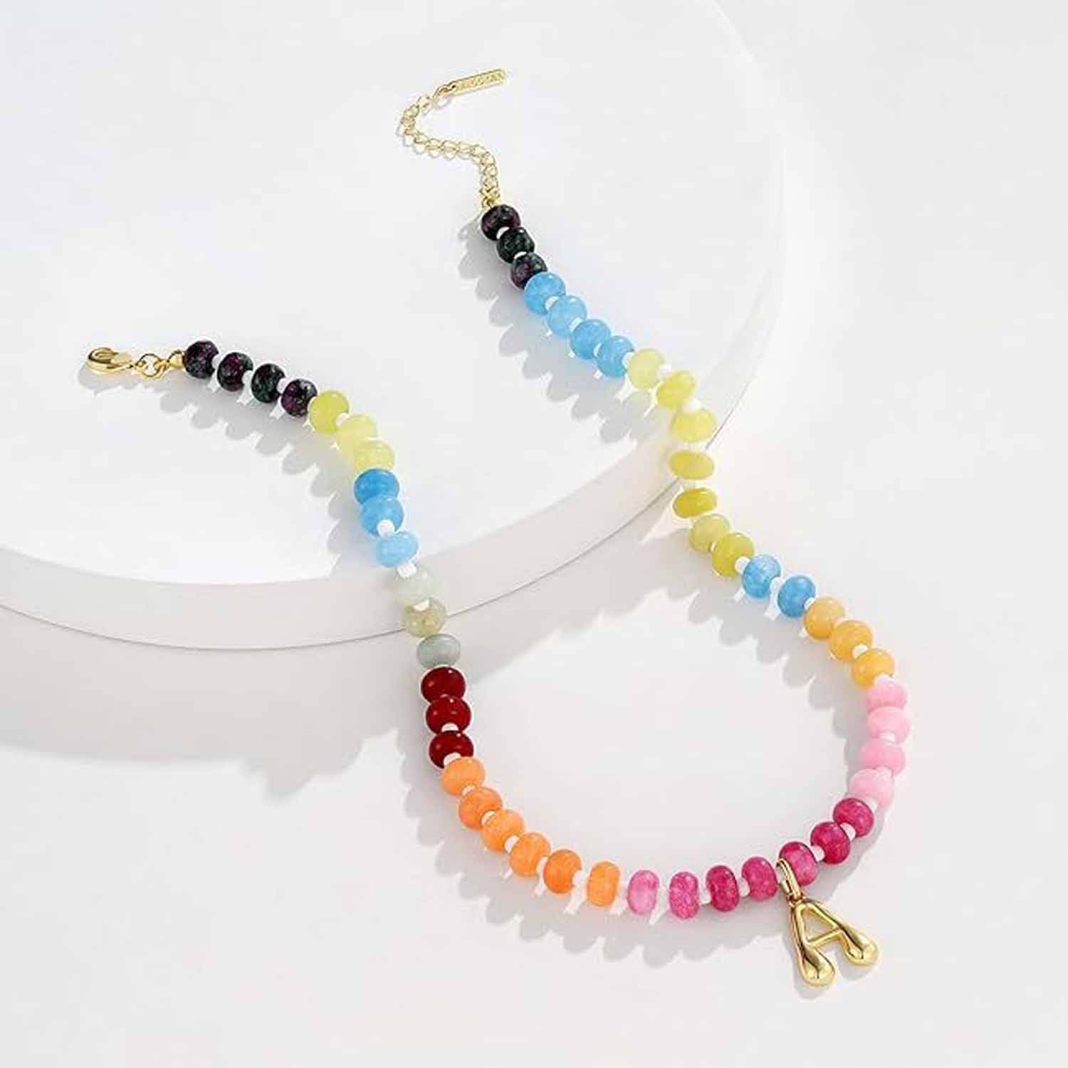 14K Letter Pendant Necklace Colorful Beaded Choker 7