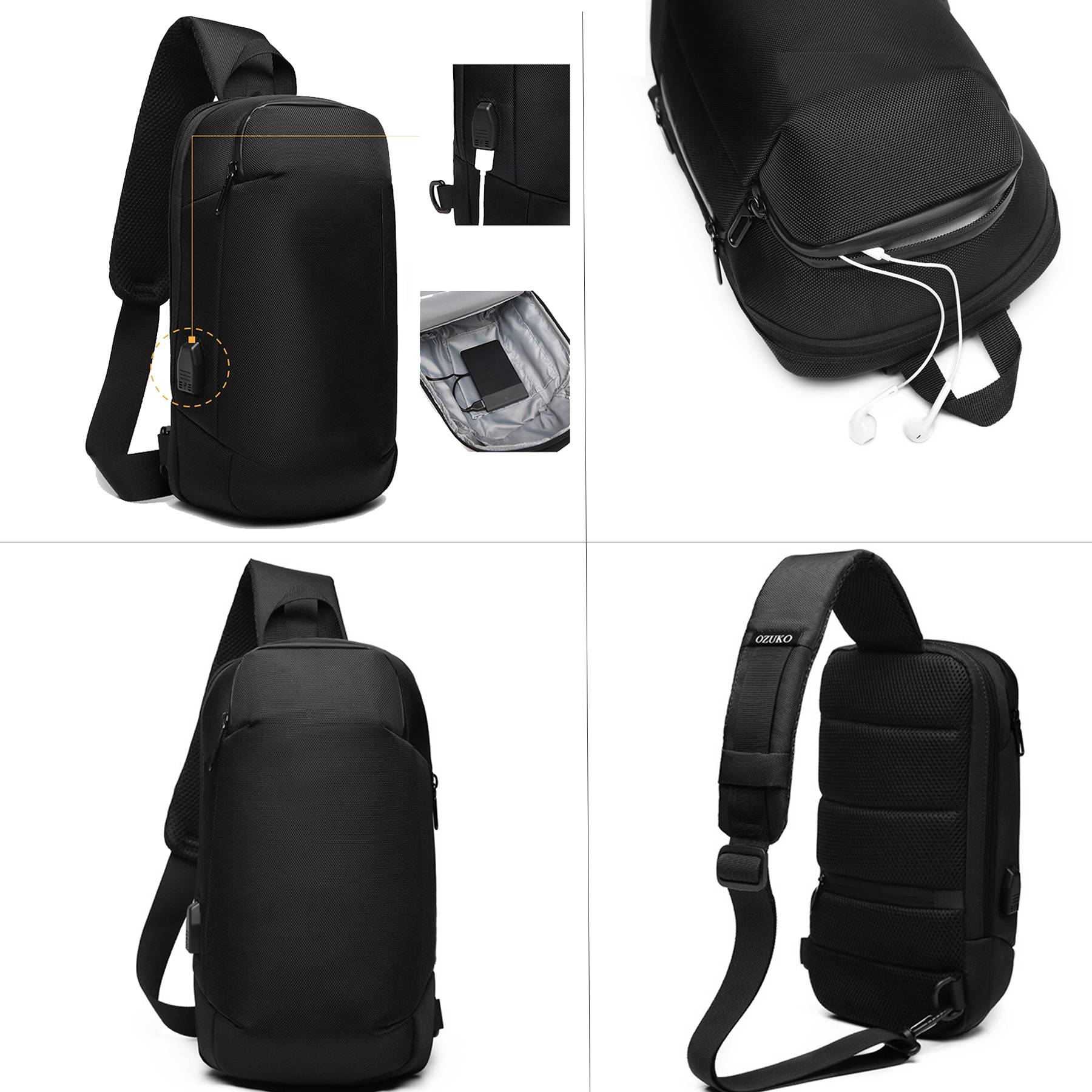 Oxford Sling Waterproof Chest Bag with USB Charging Port 6