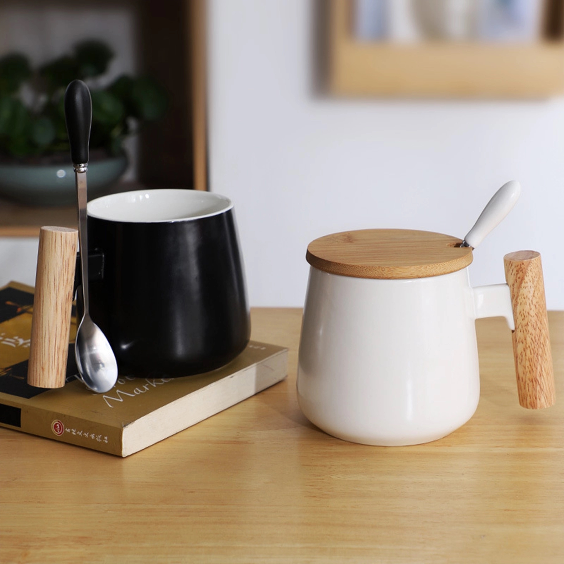 Ceramic Tea Cup with bamboo Lid Mugs Wooden Handle 13oz 5