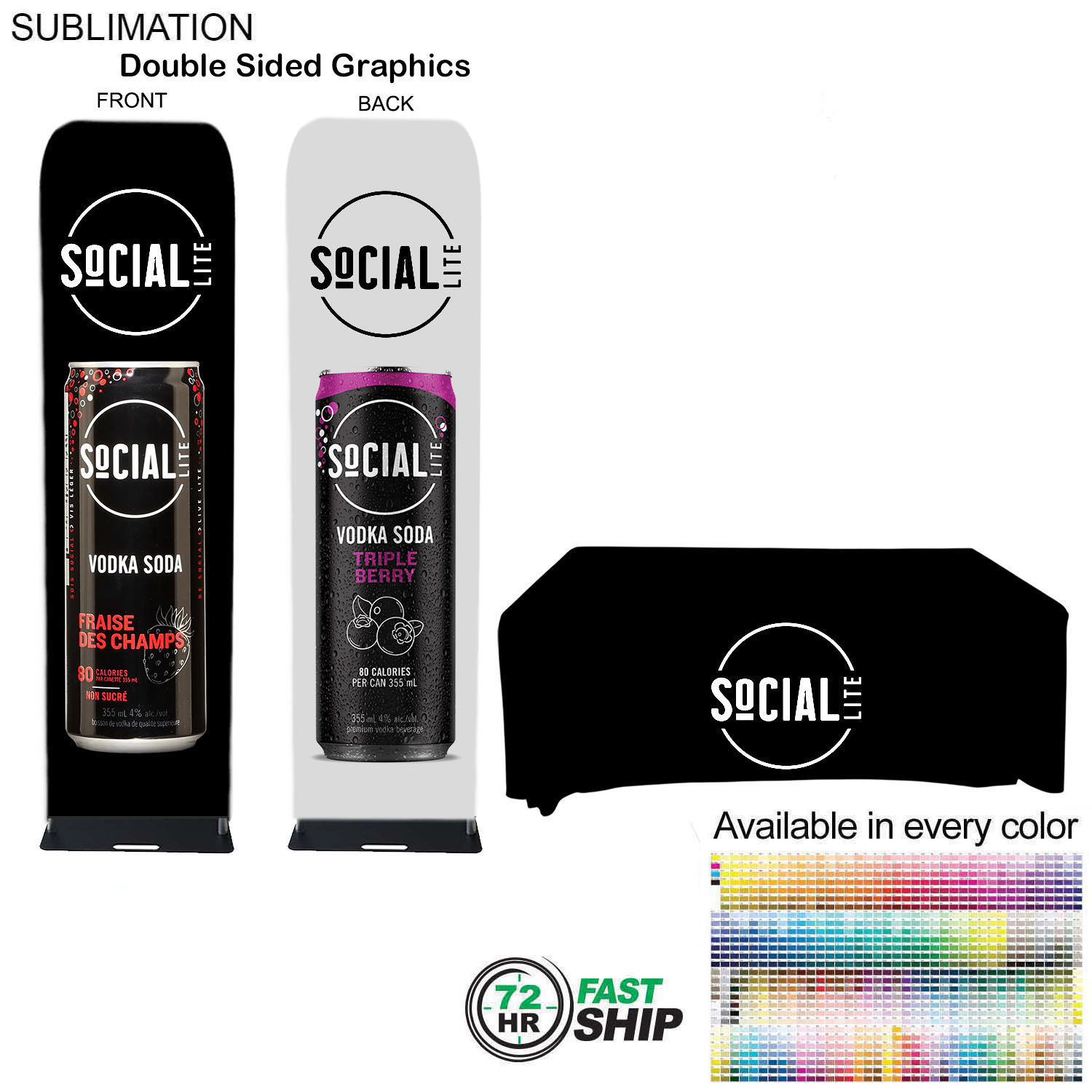72Hr Fast Ship - Event package, 2'W Fabric banner and Premium 6' tablecloth open back 3
