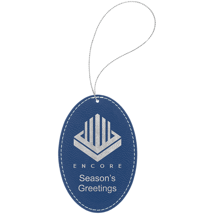 Blue/Silver Leatherette Oval Ornament with Silver String 2