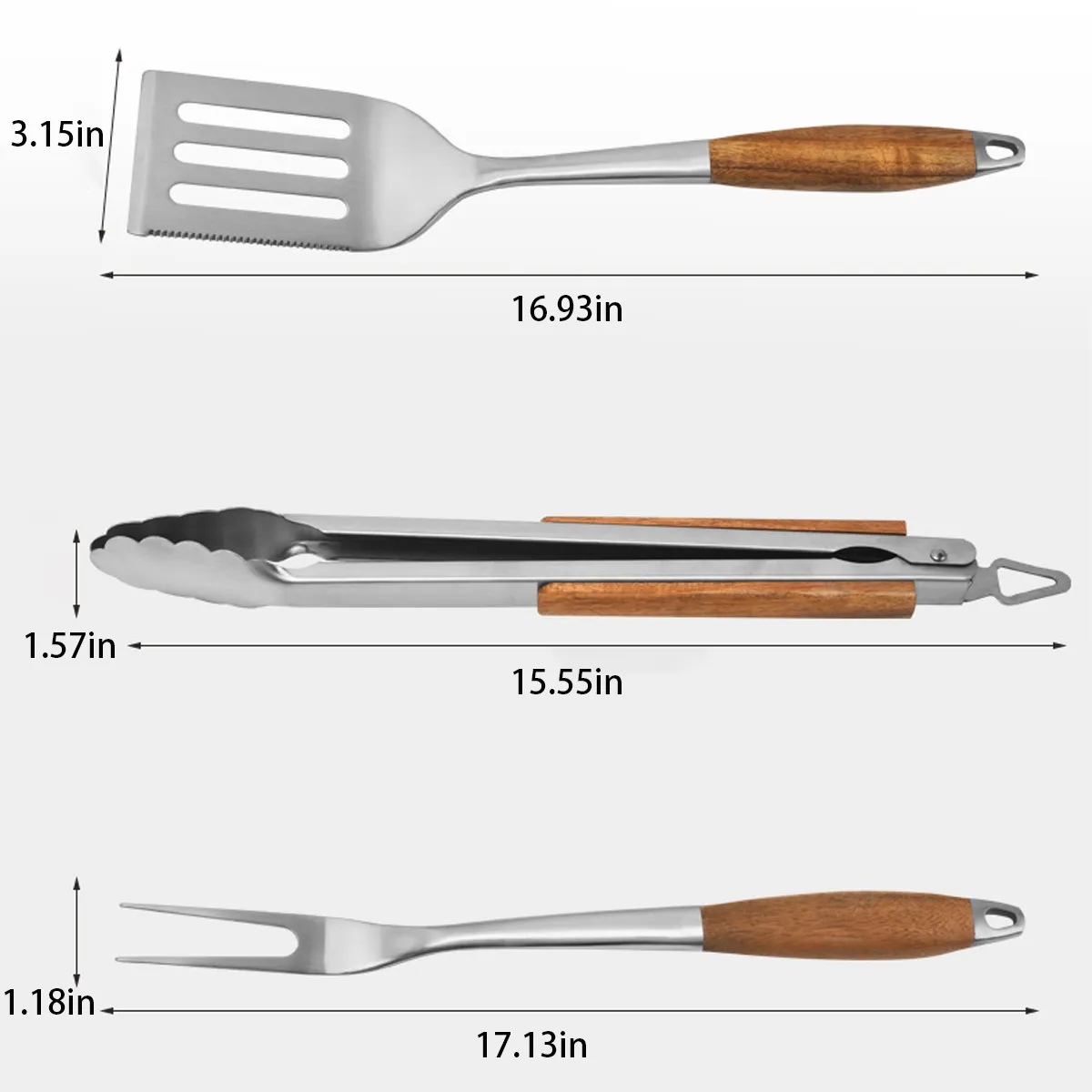 3-Piece BBQ Grilling Tool Set Stainless Steel Tongs Spatula 8