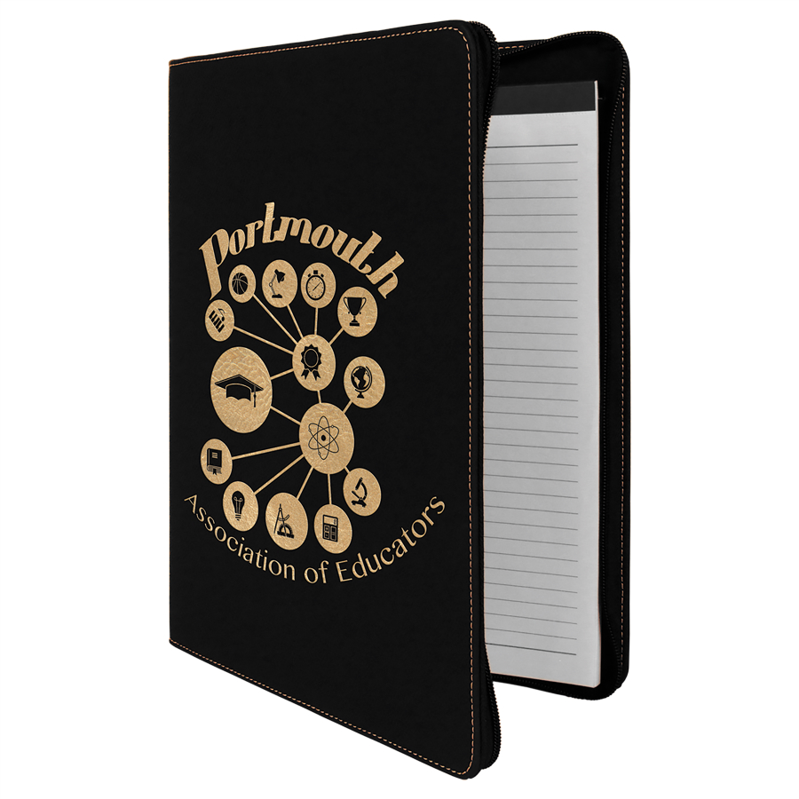 9 1/2" x 12" Black/Gold with Zipper Leatherette Portfolio with Notepad 2