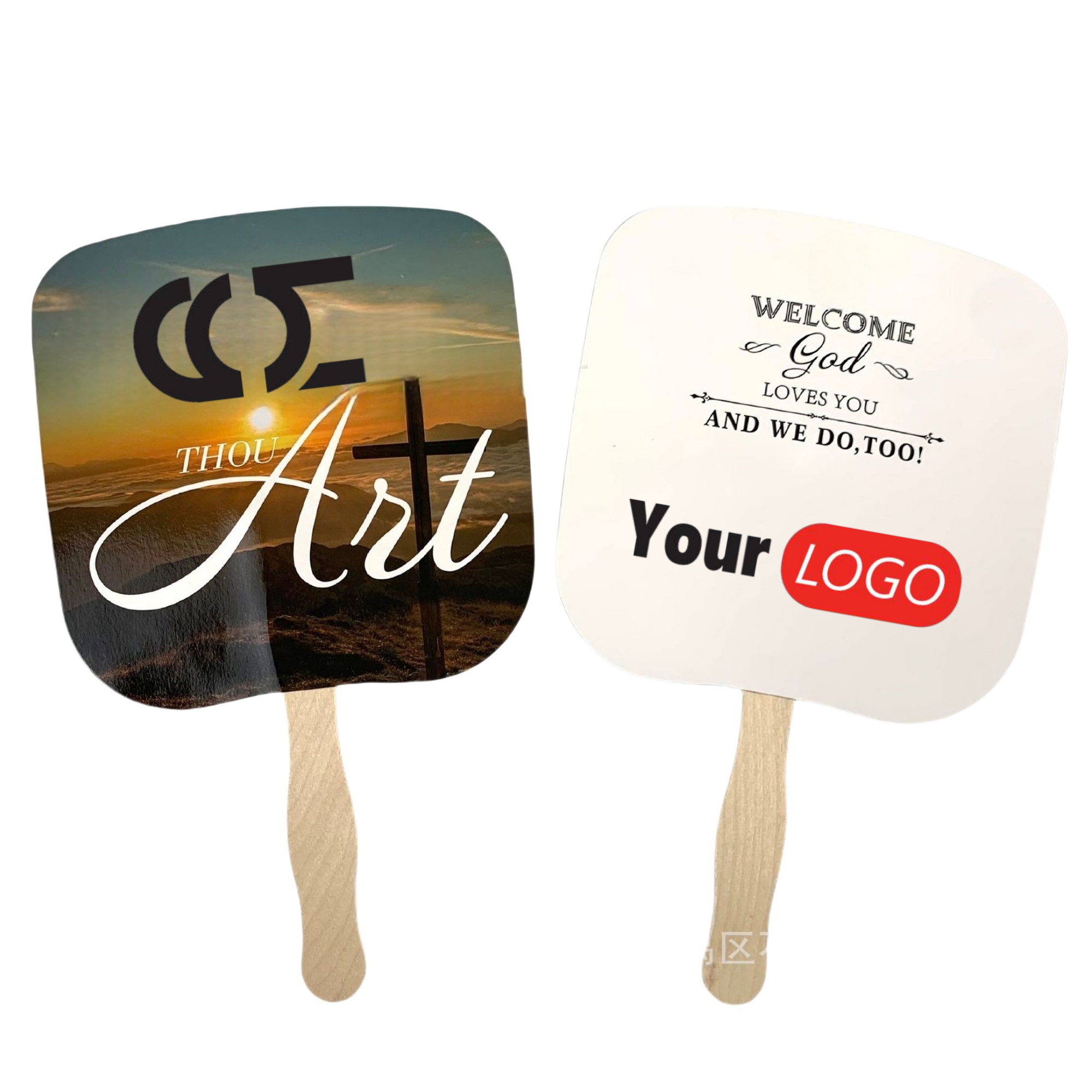 Full Color 2 Sides Wooden Handle Advertising Fan 2