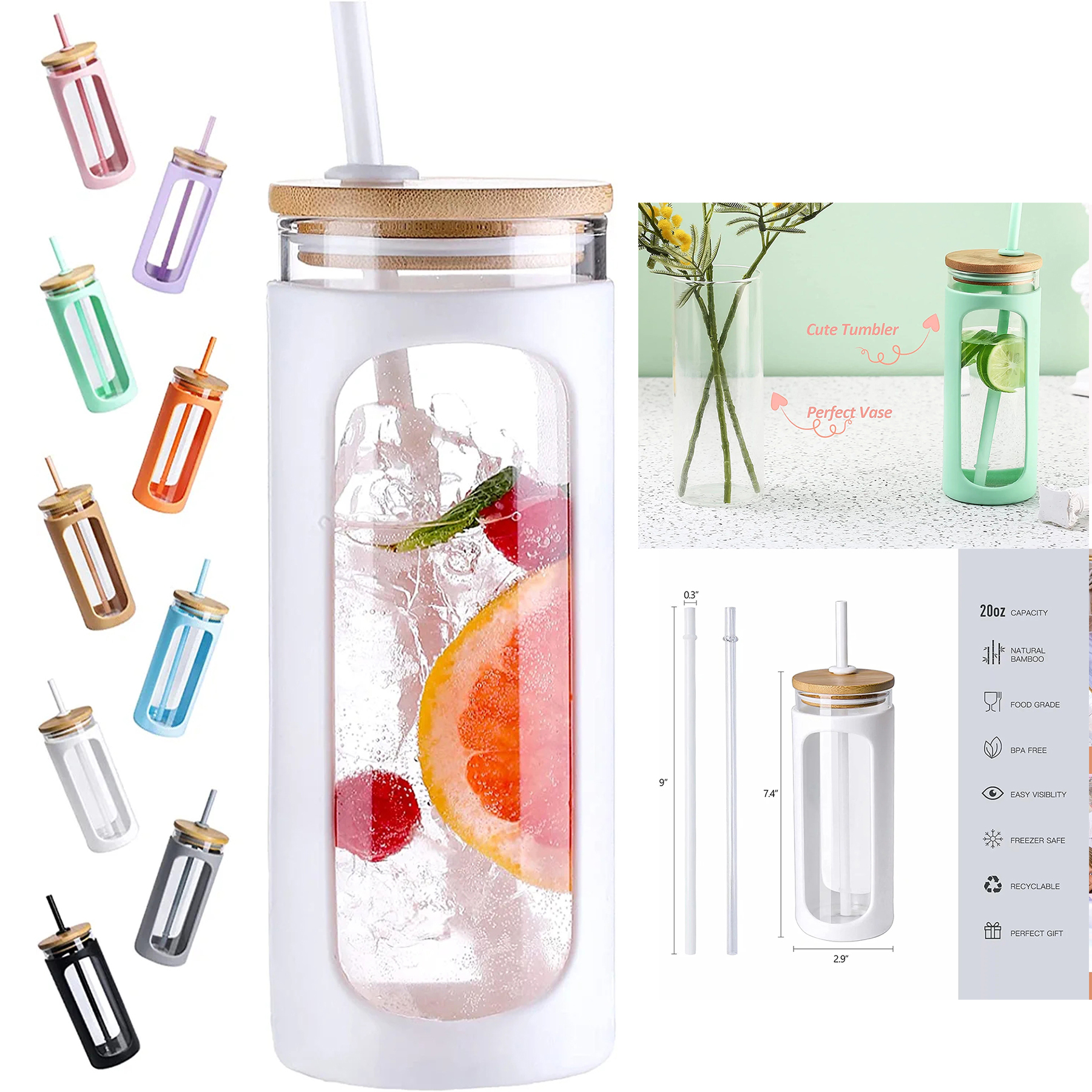20oz Glass Water Tumbler with Bamboo Lid and Straw 2