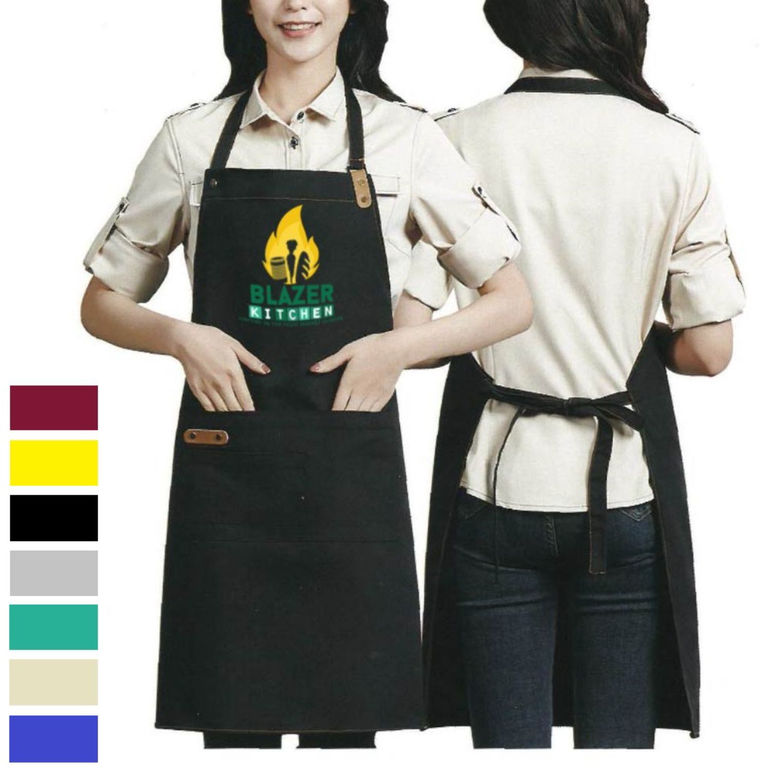 14 oz. Poly-Canvas Kitchen Apron w/ Leather accent & 2 front pocket 30"L x 25.6"W 2