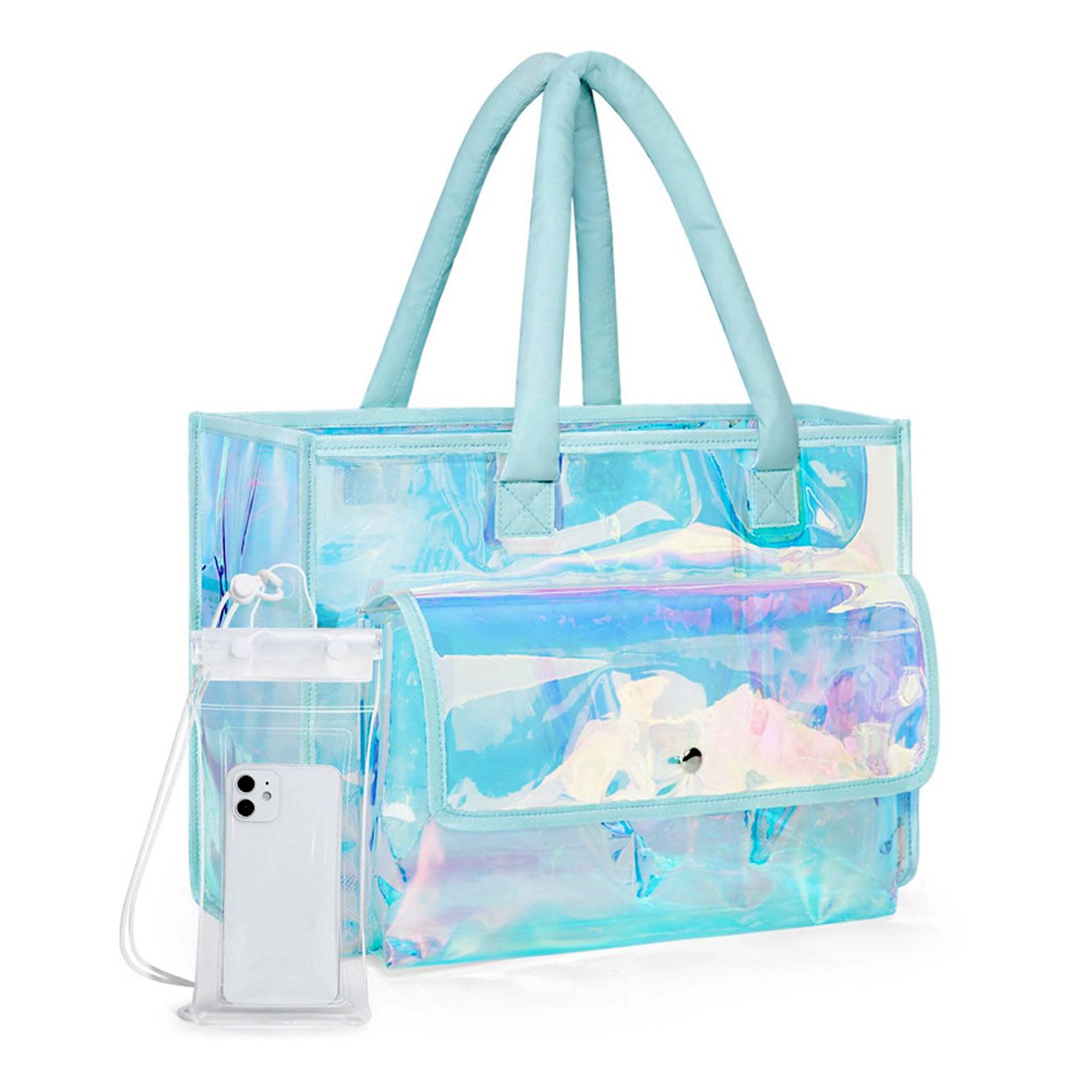 Holographic PVC Waterproof Beach Tote Bag w/ Phone Pouch 4