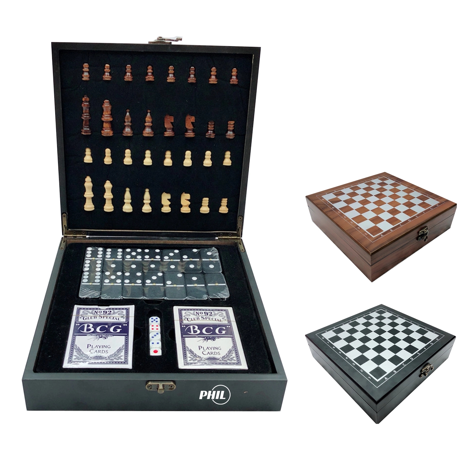 4-In-1 Travel Folding Wood Chess Dominoes Playing Cards Set 1