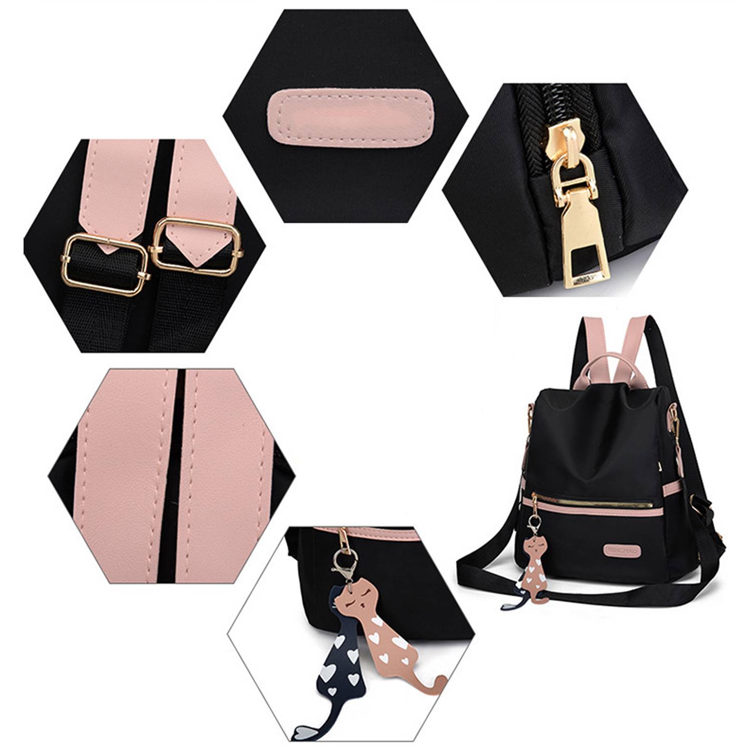 Waterproof Travel Nylon Backpack w/ Cat Pendant 5