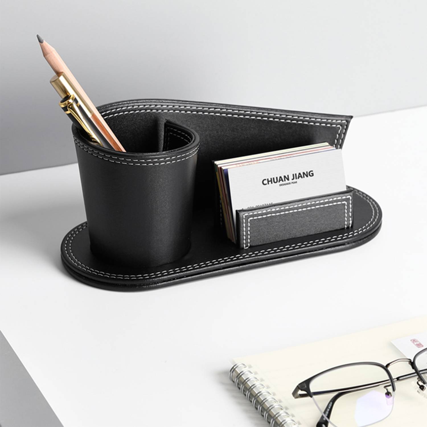 PU leather pen holder with business card storage stand 6