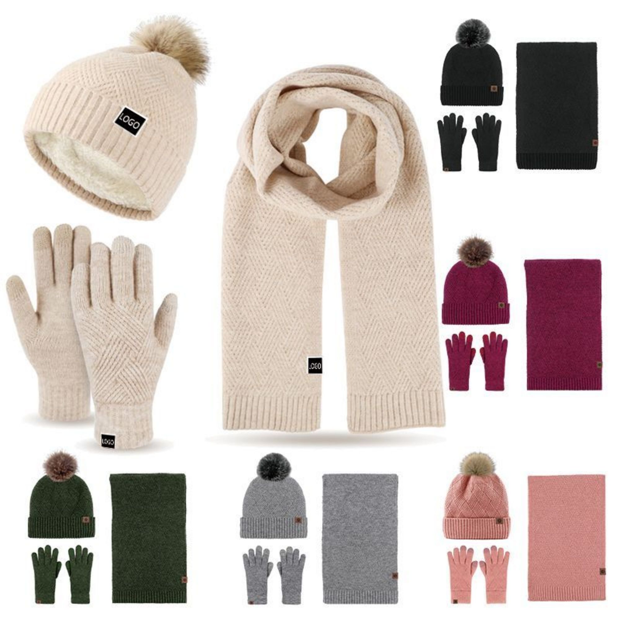 Three-Piece Thick Woolen Knitted Beanie Scarf And Gloves Set 2