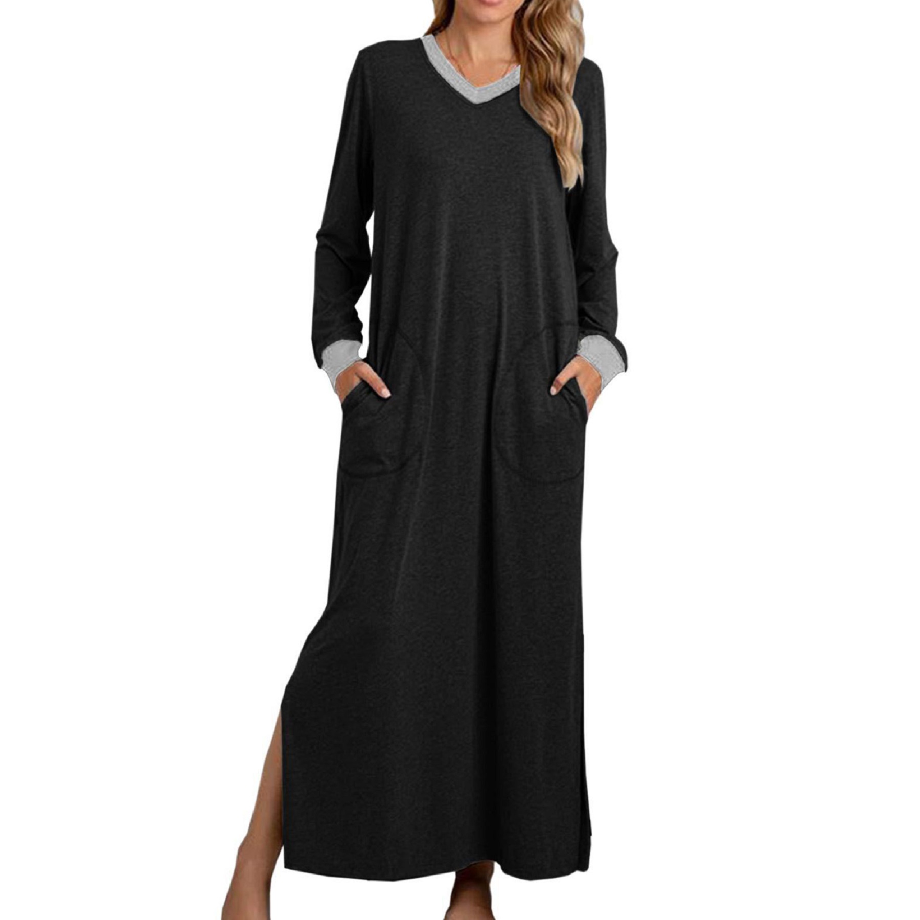 Womens Long Dress V Neck Nightshirts Side Slit 3