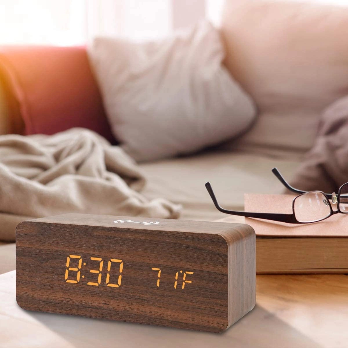 Digital Wooden Alarm Clock with Wireless Charging 1