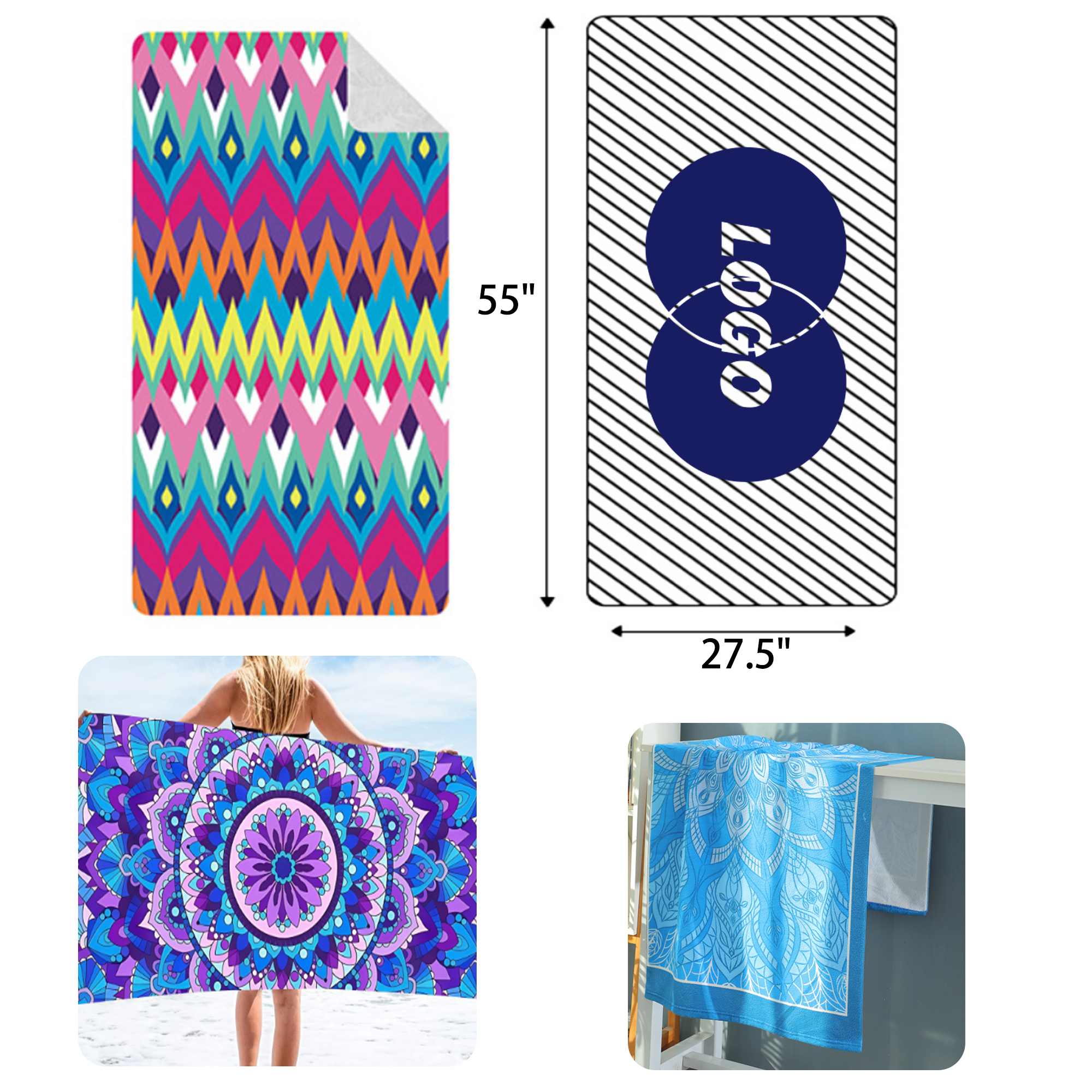 MOQ 5 PCS Stylish 27x55In Custom Beach Towel 2