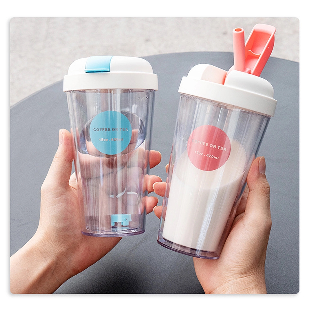 15Oz Reusable Double Plastic Flip Tumbler Cup With Straw 4