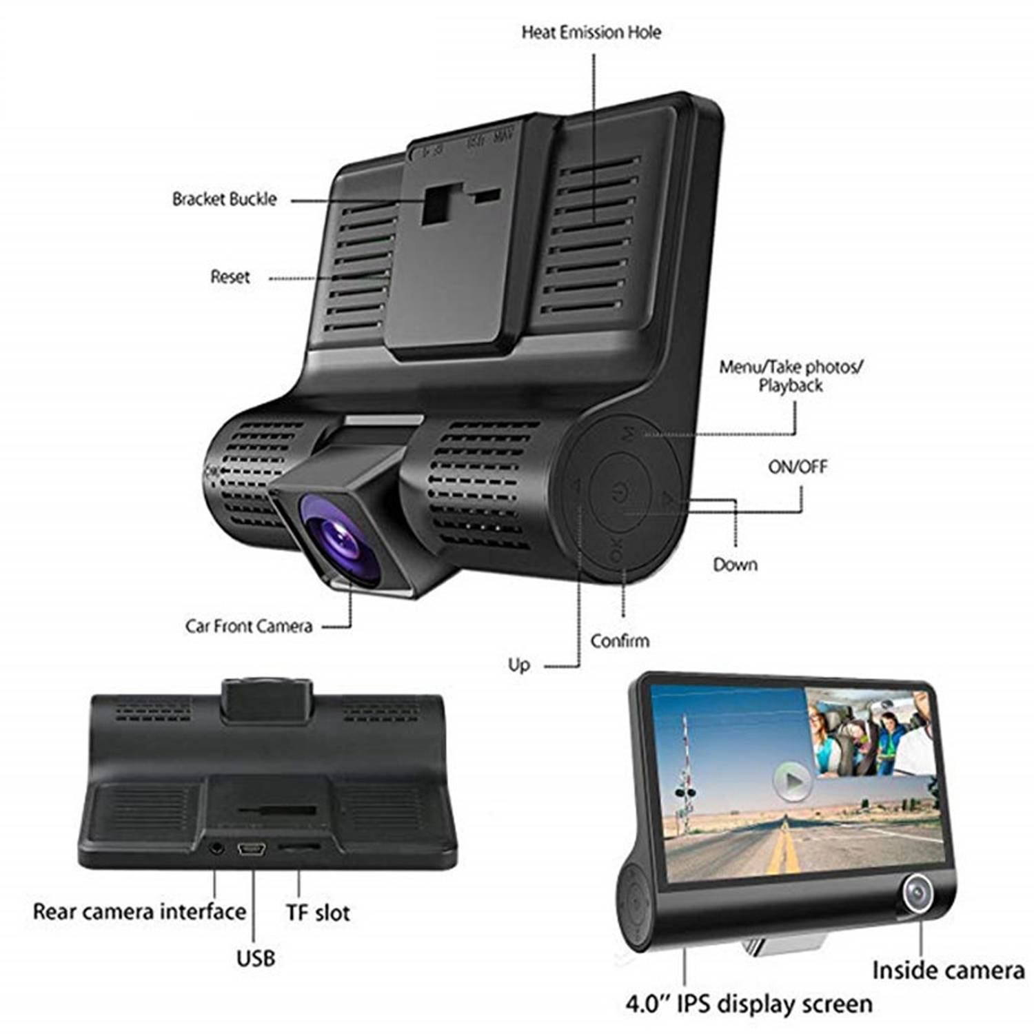 4-Inch 3 Lens 1080p HD Dash Cam Recorder 4