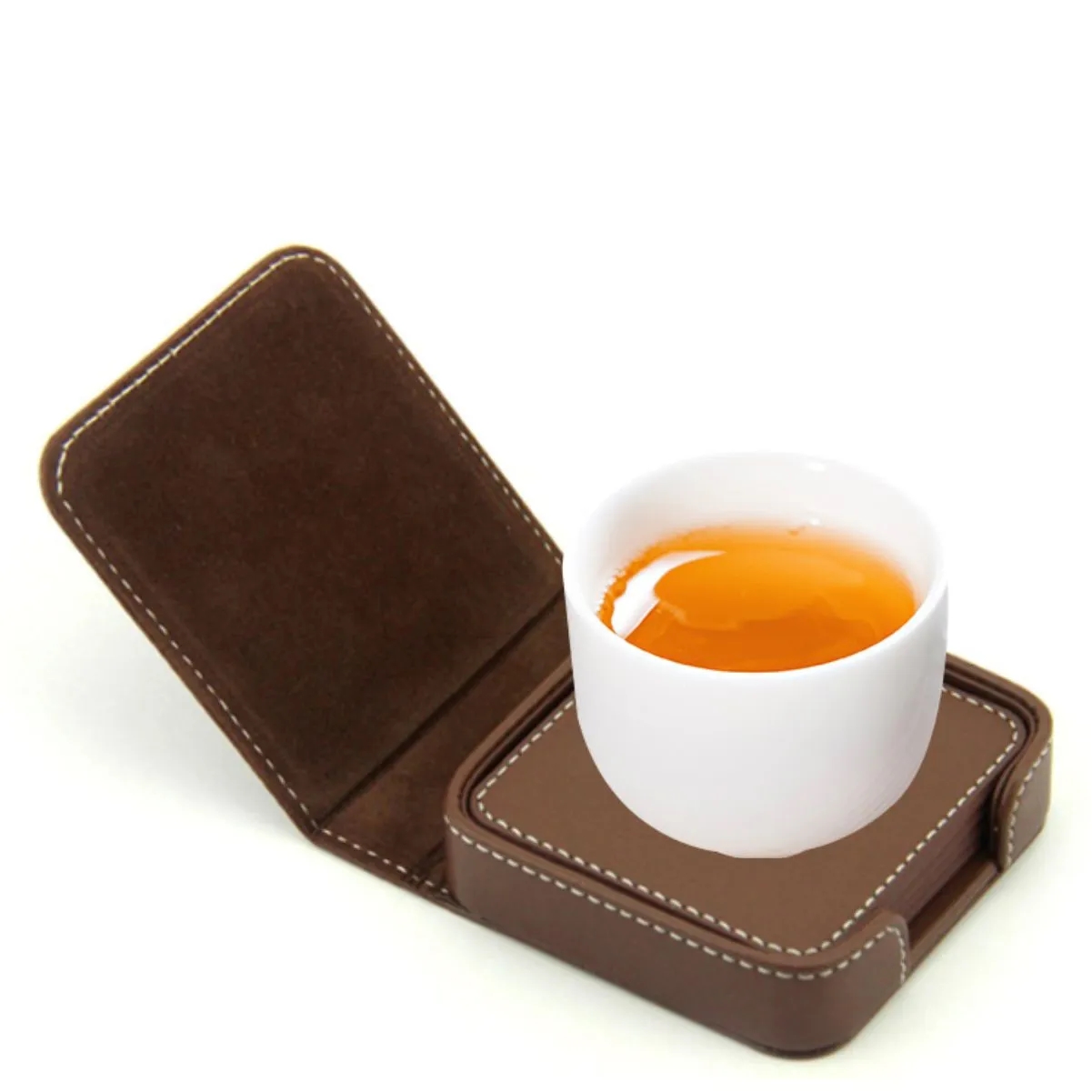 PU Leather Square Coaster Set With Holder 4