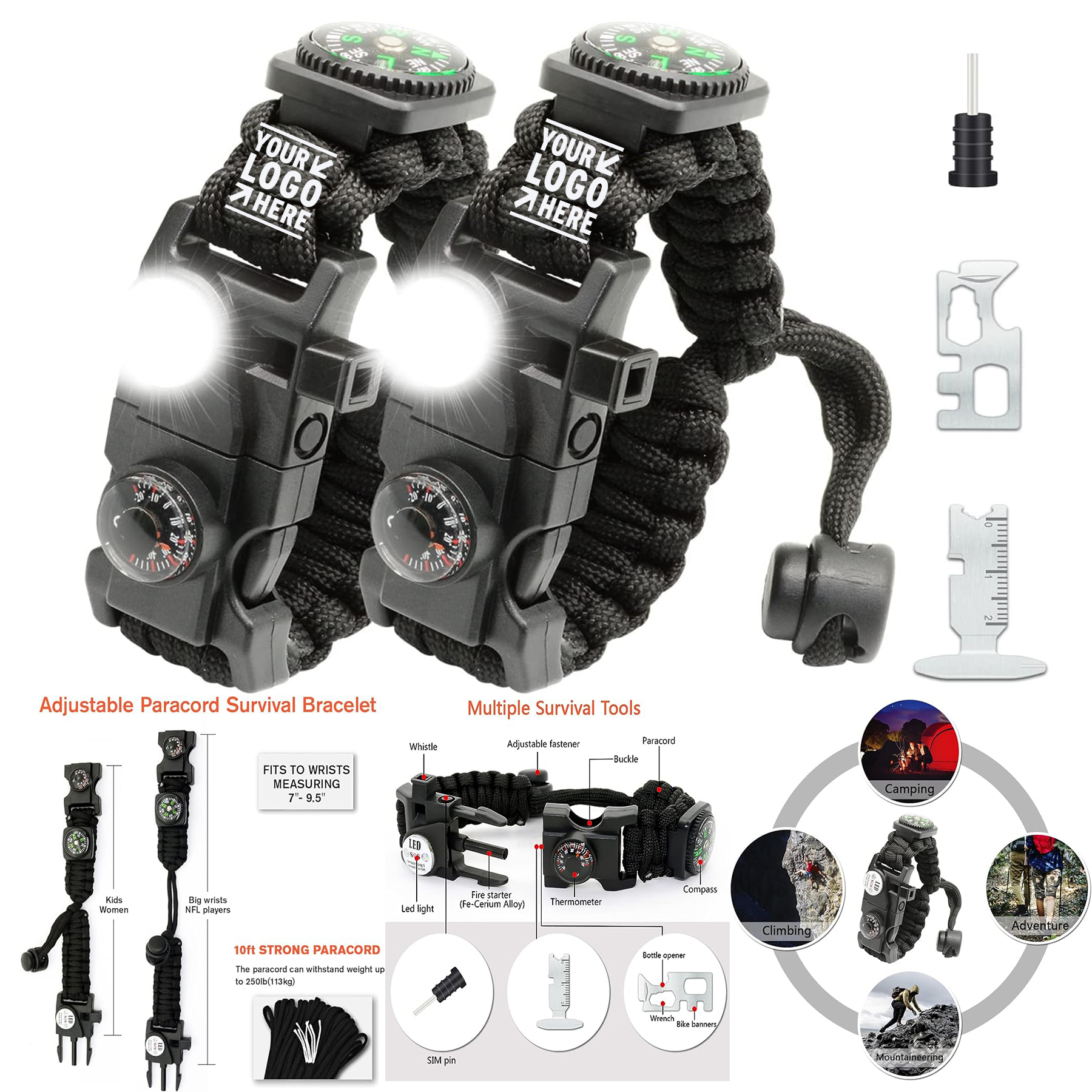 20 in 1 Survival Paracord Bracelet Gear Kit With SOS LED Light Fire Starter Compass Whistle 2