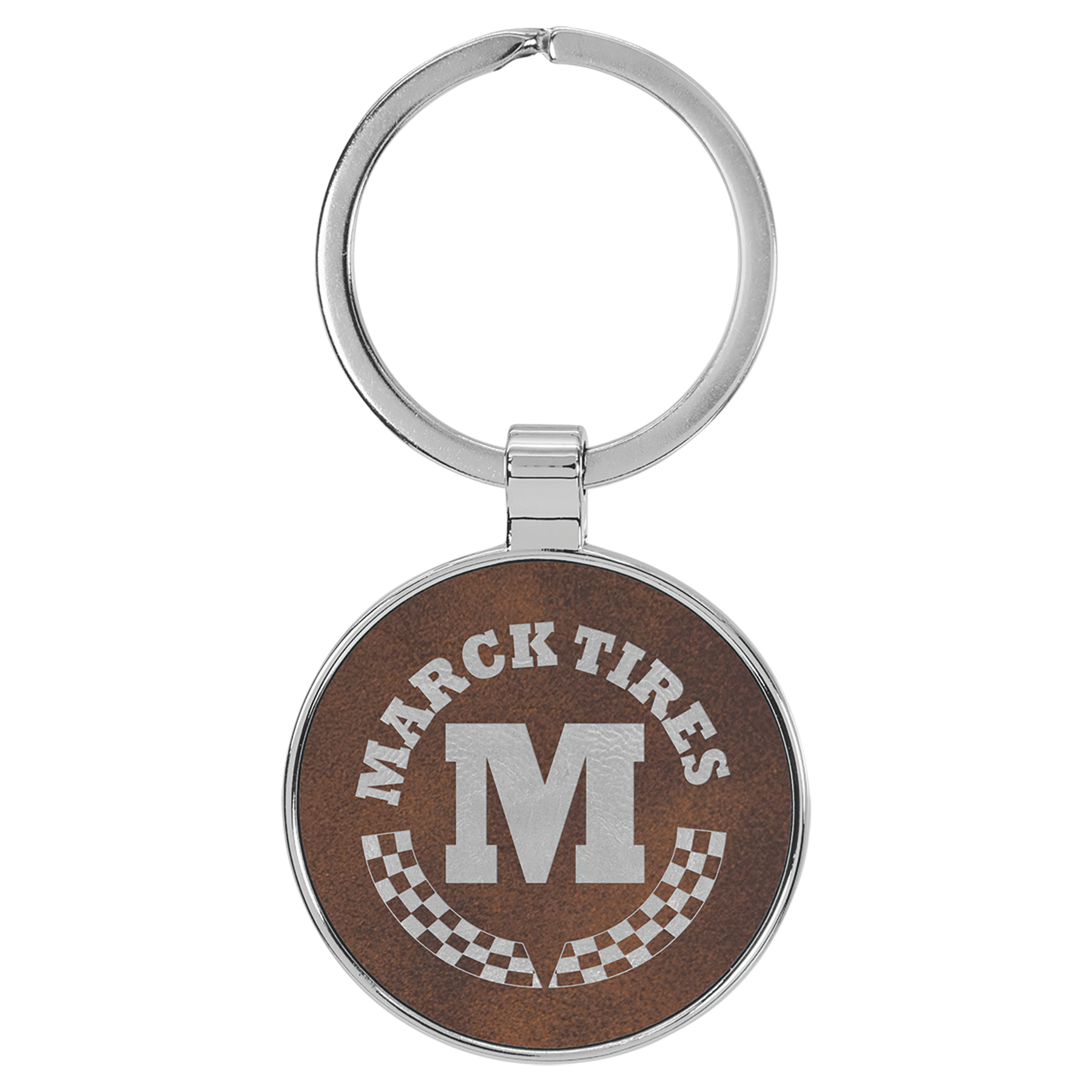 1 1/2" Leatherette/Metal Rustic/Silver Round Keychain 1