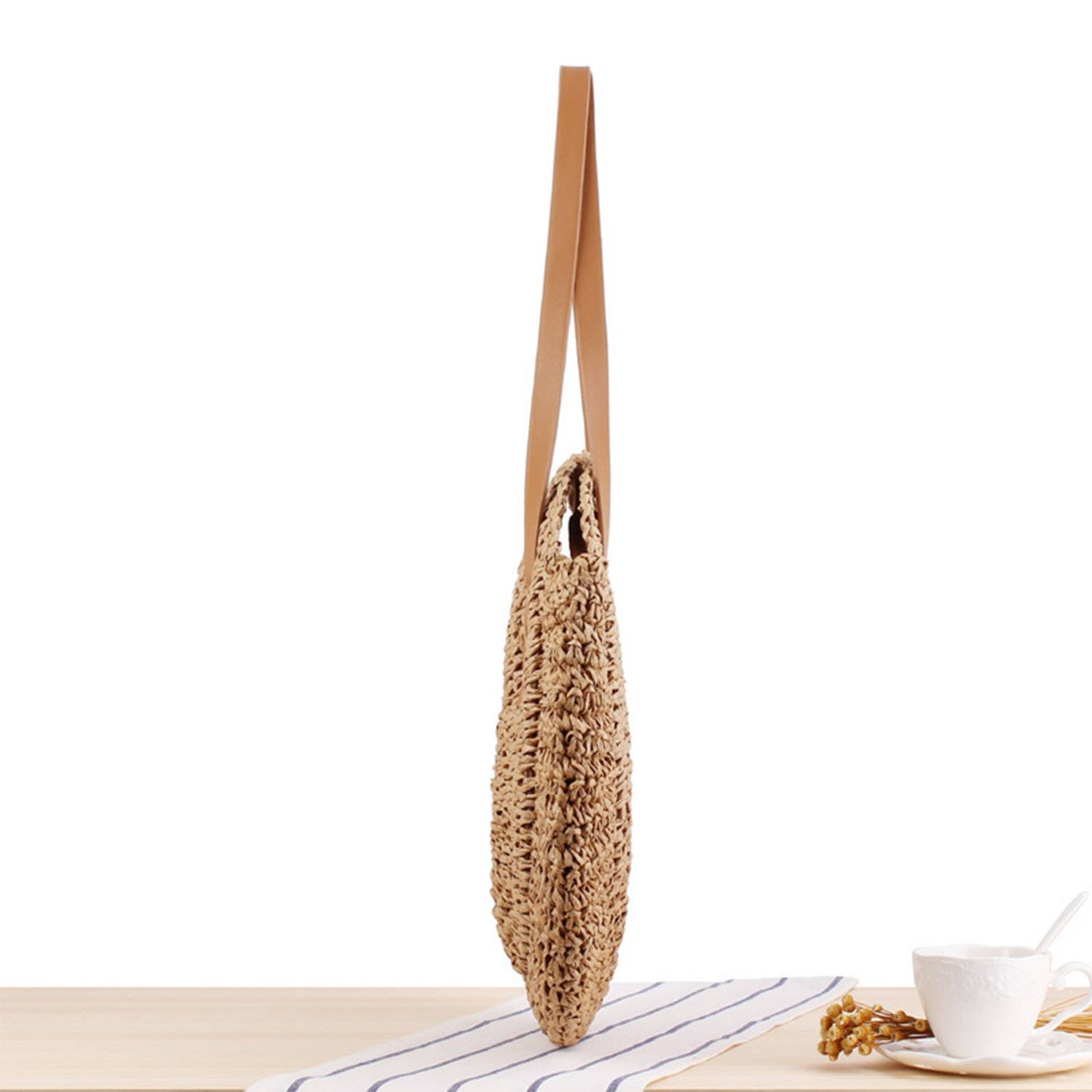 Women Round Hollow Straw Tote Bag 5