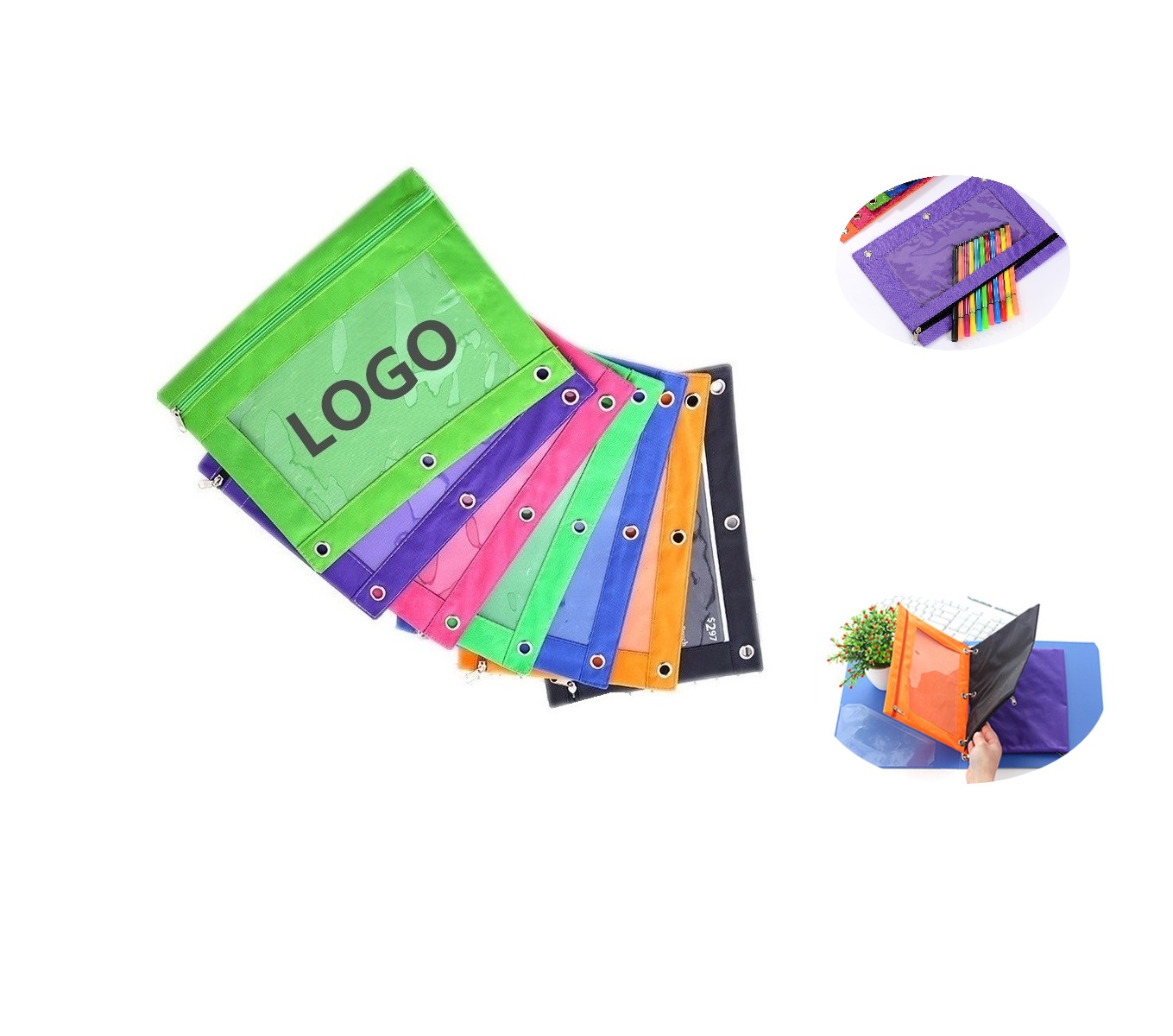 3 Ring Binder Oxford Zipper Pencil Pouch With PVC Window 5