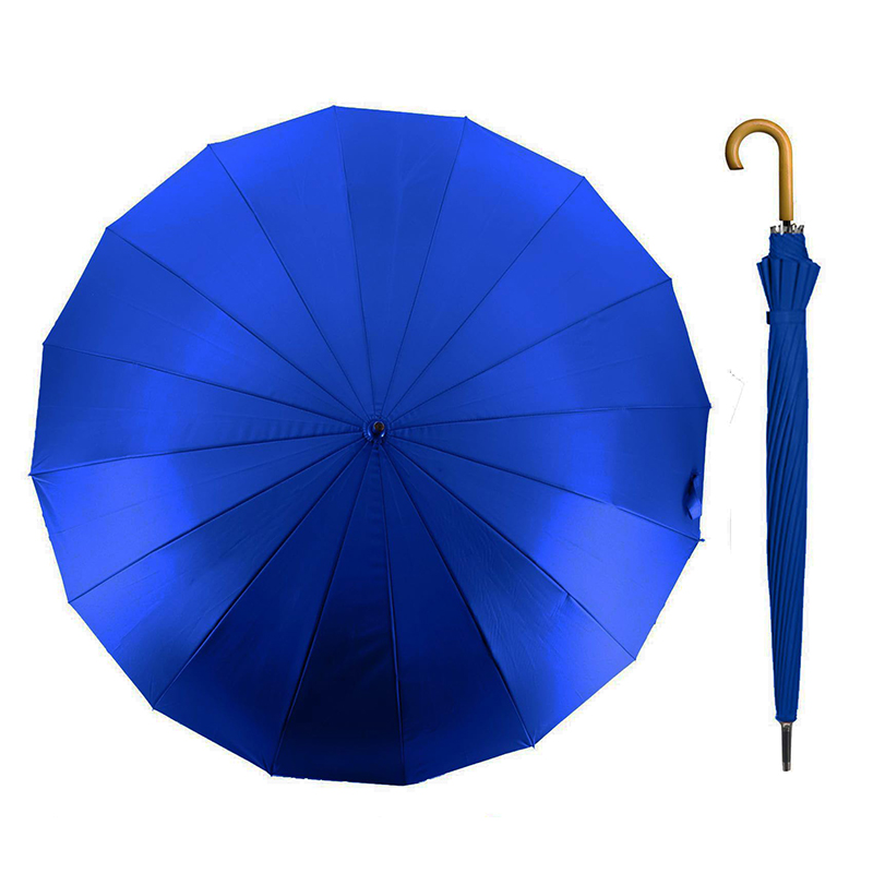 16 Ribs Auto Open Classic Wooden J Handle Cane Stick Golf Rain Umbrellas 2