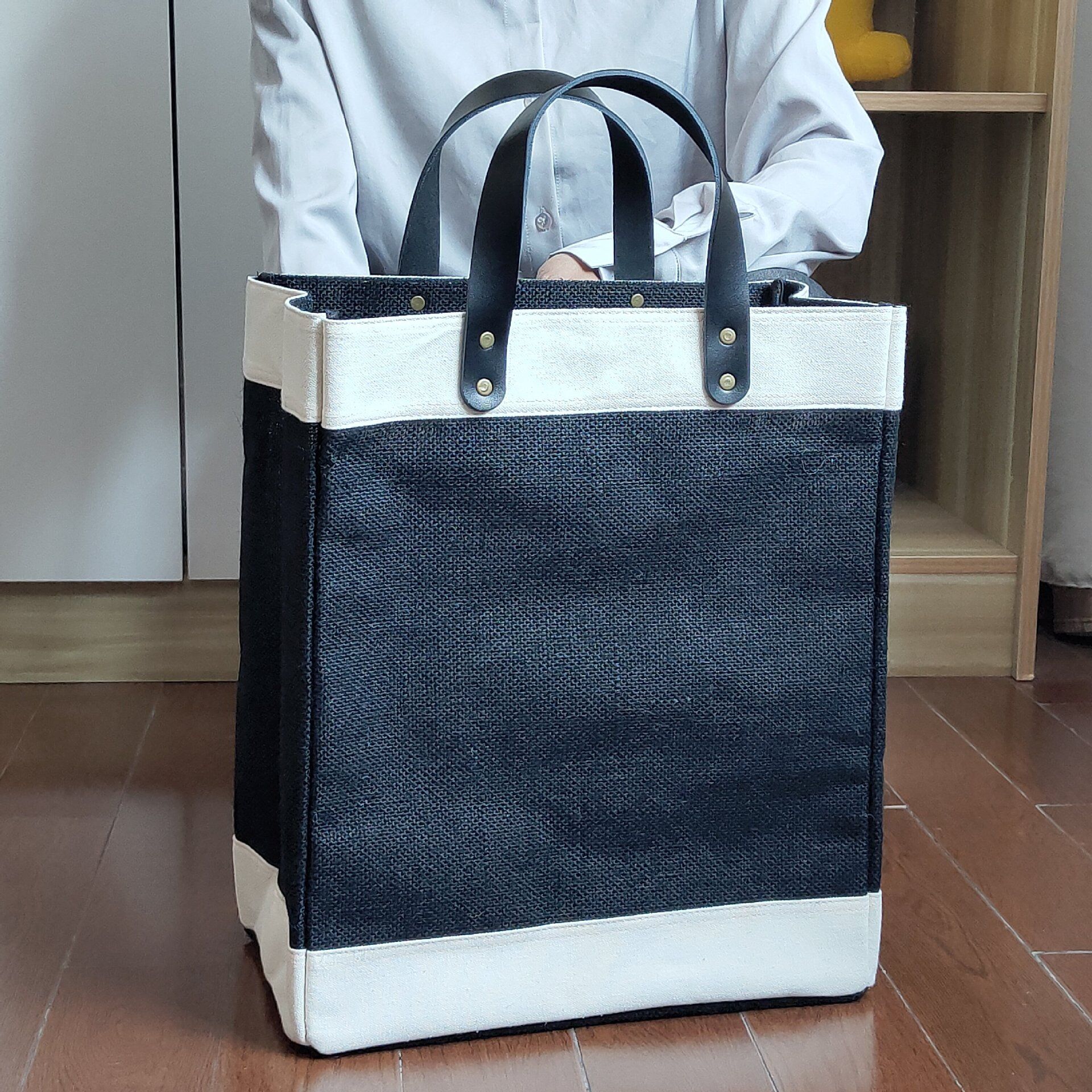 Laminated Jute Tote with Leather Handles 1