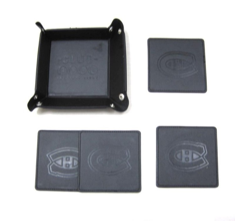 PU material cup mat set with debossed logos. 2