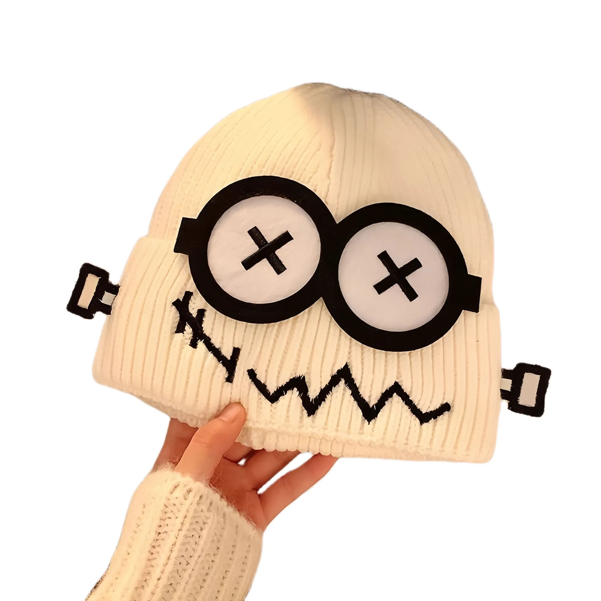 Funny Fault Robot Big Eye Knit Beanie For Women Winter Warm 4
