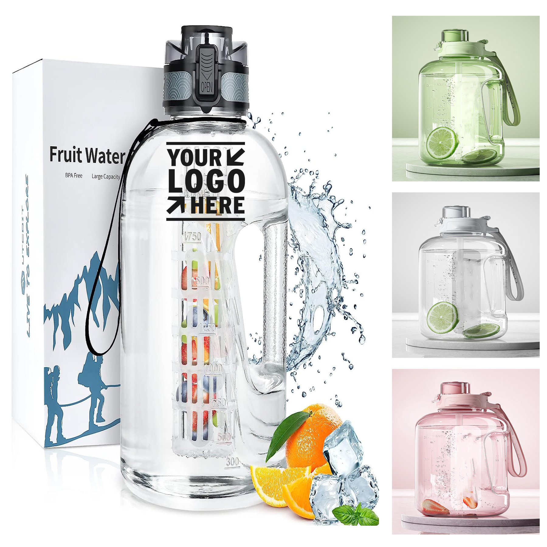 74 OZ Leak Proof Fruit Infuser Half Gallon Insulated Sport Water Bottle Large Jug With Straw 2