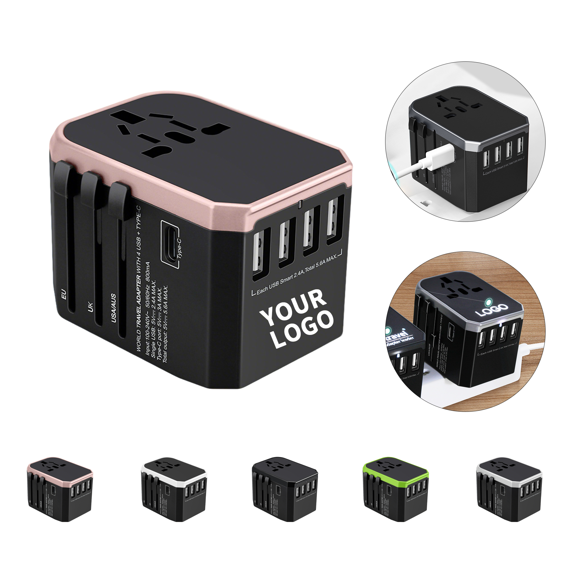All In One Global Travel Adapter With USB C 2" x 2.1" x 2.9" 2