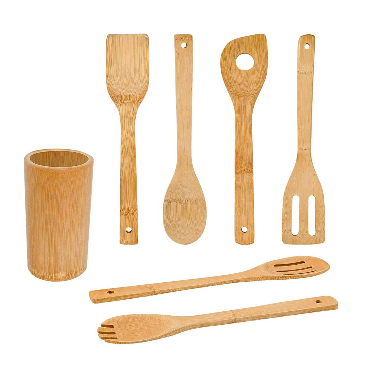 8 Piece Bamboo Cooking Utensil Set with Holder & Tongs 6