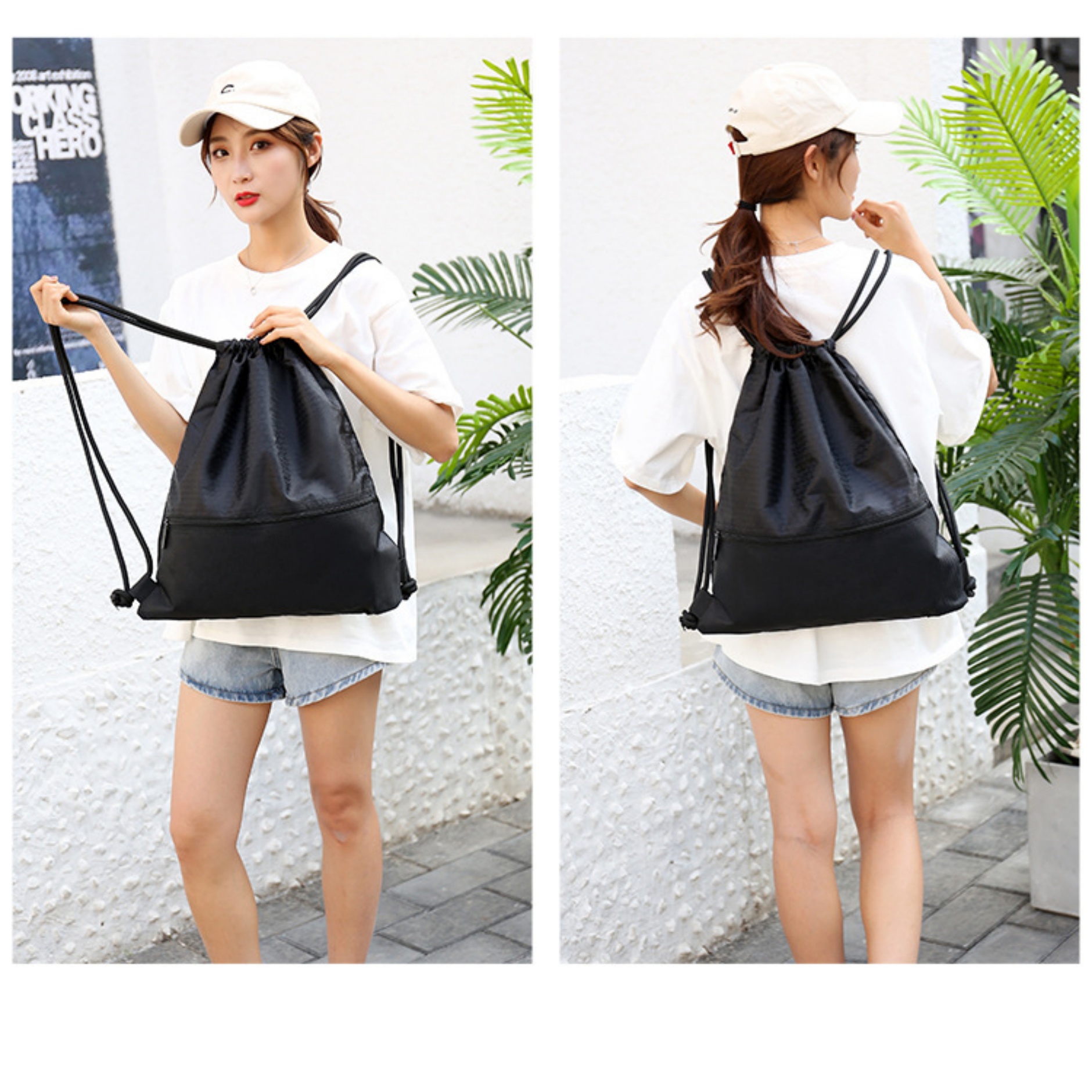 Small Drawstring Backpack Bag with Zipper Pocket 9