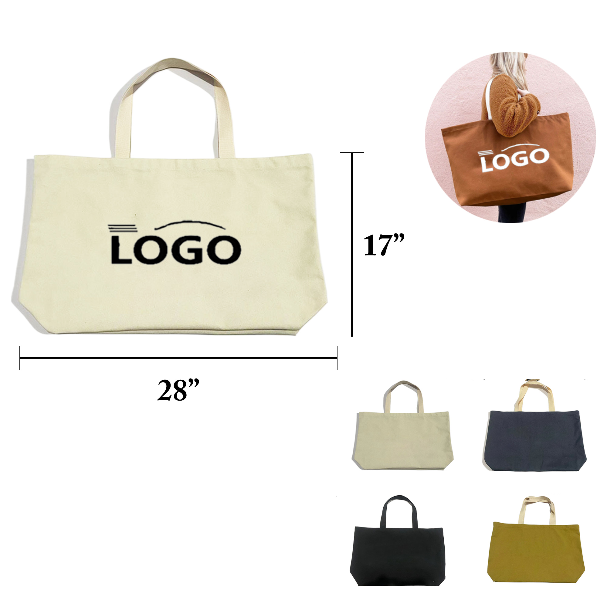 Large Canvas Shopping Tote Handbag, custom tote bag with logo imprint 2